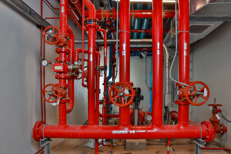 Fire protection header piping with control valves and fire pump in a pump room